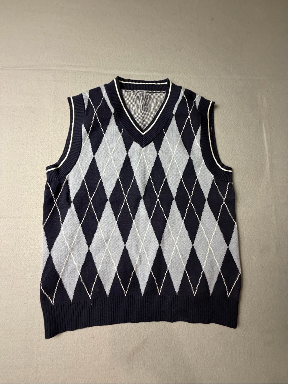 Unisex Navy and Light Gray Argyle V-Neck Sweater Vest